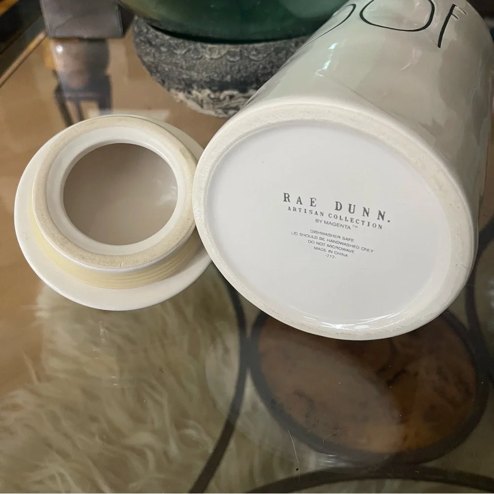 Rae Dunn White Ceramic Dog Treat Jar “WOOF”